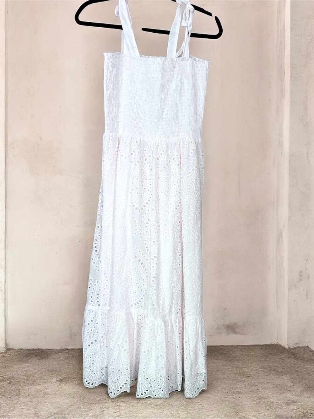 Pink Lily White Eyelet Smocked Maxi Dress with Tie Straps